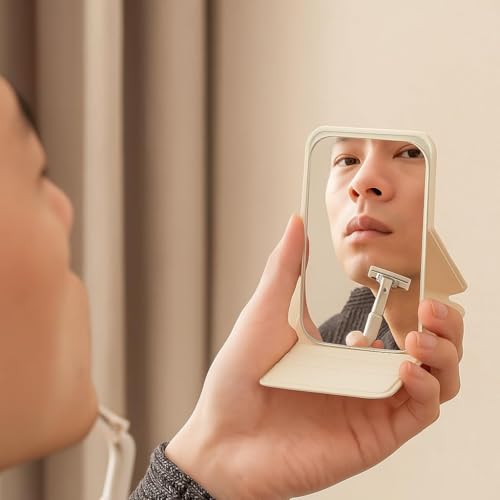 Image of Foldable Travel Mirror, Portable Pocket Makeup Mirror with Stand, Compact Handheld Vanity Mirror for Purse, Desk & Travel Use (7x11cm) (Cream)