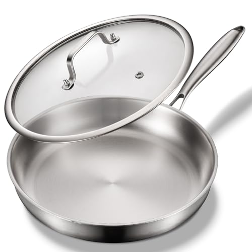 MOUTIUS 10-Inch Tri-Ply Stainless Steel Pan, PFOA and PTFE-Free Skillet Griddle, Stainless Steel Pan...