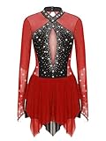 Linyuir Erwachsene Damen Tanzkleid Lateintanz Strass Rhinestones Eiskunstläuferin Eiskunstlaufkostüm Wettkampf Tanzleotard Auftritt Burgund XXL