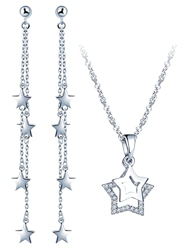 CPSLOVE Elegant Star Necklace and Earrings for womens and girls, 925 Sterling Silver Jewellery Sets, Double Star Necklace Pendant, Star Tassel Earrings, Inlaid zircon