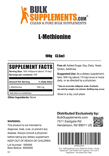 Bulksupplements.com L-Methionine Powder - Choline Supplements - Antioxidants Supplement - Amino Acid Nutritional Supplements - L Methionine 500 Mg Powder (100 Grams - 3.5 Oz) #TOP1