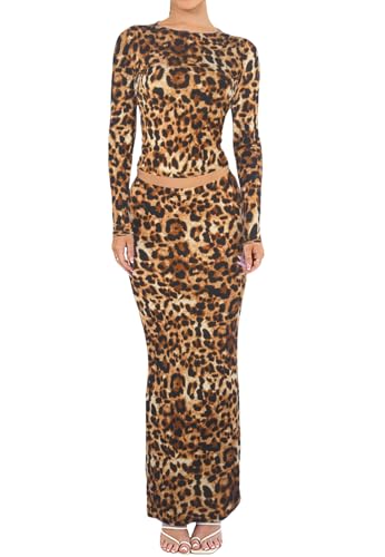 Two Piece Skirt Set for Women 2 PC Y2K Outfits Long Sleeve Tshirts Tops Bodycon High Waist Maxi Skirts