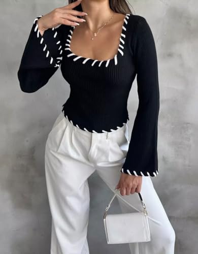 chouyatou Women's Sexy Square Neck Cropped Sweater Contrast Trim Bell Long Sleeve Pullover Slim Fit Sweater Tops2
