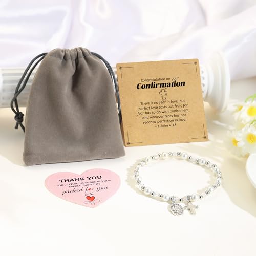 Image of BAYLAY First Communion Baptism Confirmation Gifts for Kids Girls - Cross Bracelet for Girls Pearl Bracelet First Communion Baptism Confirmation Bracelet
