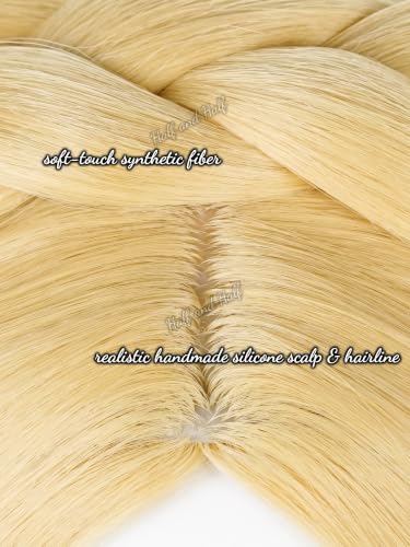 Image of Long Straight Blonde Anime Game Princess Cosplay Wig with Braid for Women | 27.5'' Light Golden Center Part Wigs Synthetic Hair for Halloween Party Costumes