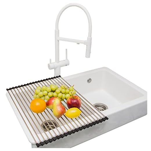 Belgoff Roll-Up Dish Drying Rack 21"(L) x 16"(W) - Foldable Multipurpose Heat Resistant Large Stainless Steel Kitchen Rollup Dish Drainer Over Sink Mat - Silicone Coated Rims