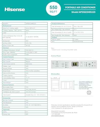 Hisense AP55023HR1GD Smart 8,000 BTU Dual Hose Portable Air Conditioner with Heat Pump (Renewed)