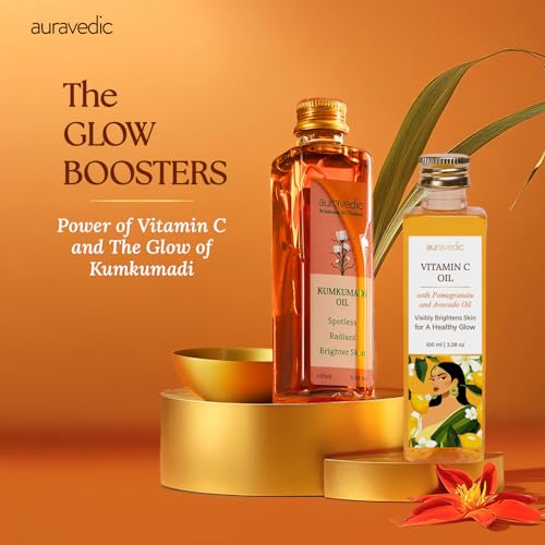 Auravedic Kumkumadi Tailam & Vitamin C Face Oil, Pack of 2 (100ml Each), Glow-Boosting Face & Body Oil With Rosehip For Bright, Radiant Skin, After Bath Daily Use