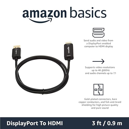 Image of Amazon Basics DisplayPort to HDMI Cable, Uni-Directional, Computer to Screen, Video and Audio, 1080p, 1920x1200, 4K@60Hz, 3 ft, Gold-Plated Plug, Black (Pack of 2)