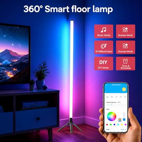 Image of XERGY DIY 360 RGB LED Tube Floor Lamp with Tripod Stand - App /Button & Remote Control, Dimmable Multicolor Ambient & Mood Light for Bedroom, Gaming & Home Decor (5V, USB Powered)