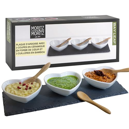 Moritz & Moritz Plateau Aperitif - 3 Coupelle Aperitif Coer en Ardoise et Céramique - Pour les Dips Snacks Entrées Desserts