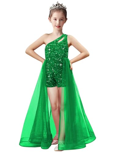 One Shoulder Pageant Dress Jumpsuits Flower Girl Dress Sequin Girls Ball Gowns Tulle Romper Maxi Dress with Cape