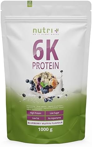 Nutri + 6K Proteinpulver Blueberry Muffin 1 kg - Eiweiß-Mix Blaubeere - Mehrkomponenten Eiweißpulver - Sojaprotein + Erbsenproteinisolat Proteinmischung