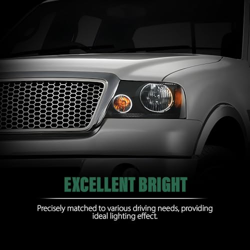 Image of GRAND ORANGE Headlight Assembly Compatible with Ford F150 2004 2005 2006 2007 2008 / Fit Lincoln Mark LT 2006-2008 Driver & Passenger Side Headlamp Smoke lens Black Houing Amber Reflector