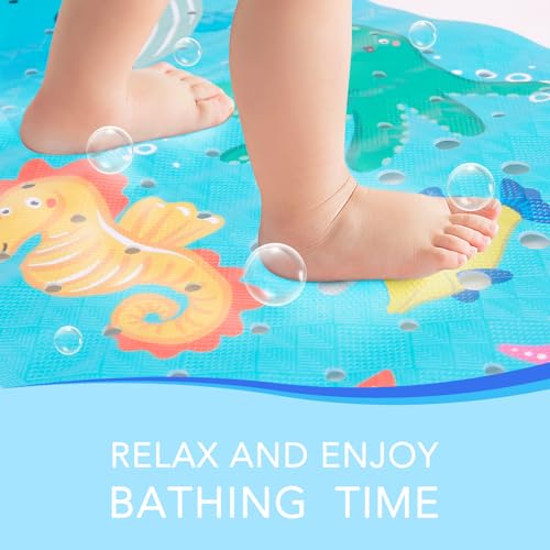 Image of PRATIQUE Kids Bath Mat for Tub Non Slip，40 X 16 Inch Extra Long Kids Bathtub Mat Ocean Bathtub Shower Mat Safety Anti Slip with Suction Cups and Drain Holes, Machine Washable（Blue Whale）
