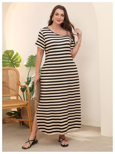 Image of Verdusa Women's Plus Size Off The Shoulder Maxi Dress Striped T Shirt Dresses with Pockets Summer Vacation Outfits