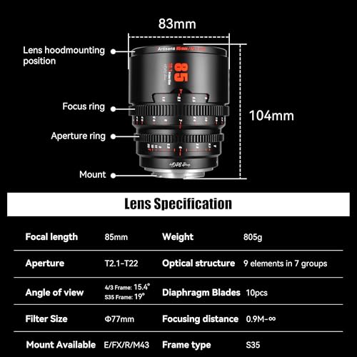 Objectif de cinéma 85mm T2.1 compatible Fuji X-T5 X-H2 X-S20 S35