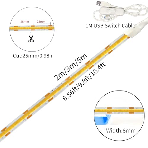 Tira LED COB USB 5V con Interruptor 3M Luz Natural miniatura 5