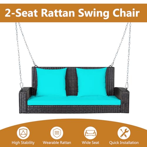 DORTALA-Hanging-Porch-Swing-2-Person-Outdoor-Wicker-Swing-Chair-Bench-with-Cushions-79Ft-Steel-Chains-for-Garden-Backyard-Deck-Poolside-Turquoise DORTALA Hanging Porch Swing 2 Person Outdoor Wicker Swing Chair Bench with Cushions 79Ft Steel Chains for Garden Backyard Deck Poolside Turquoise