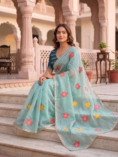 Image of Handcrafted Floral Embroidered Saree with Contrast Blouse