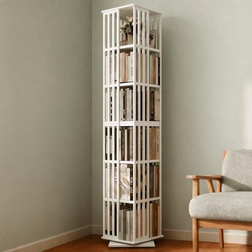 Image of Lauxery 6 Tier Bamboo Rotating Bookshelf Tower, Revolving Bookcase, White | 1200 lbs capacity, small footprint, 360 degree rotation, dual shelf heights, holds books and DVDs, for living room, bedroom
