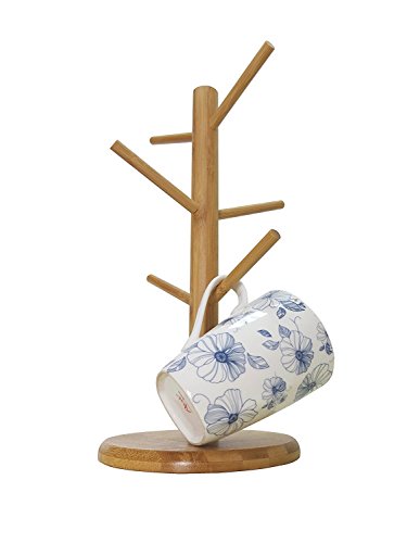 Bamboo Mug Tree Rack Stand with 6 Storage Hooks, Hold and Dry Large Coffee Mugs or Cups