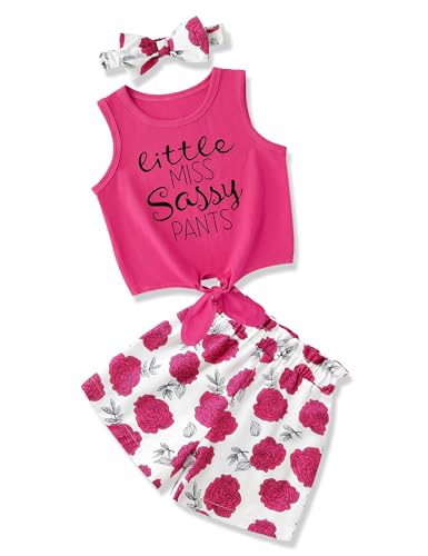 Image of Hipea Toddler Girl Outfits Floral Tops Sleeveless Tank Tops Shorts Headband Summer Clothes Set
