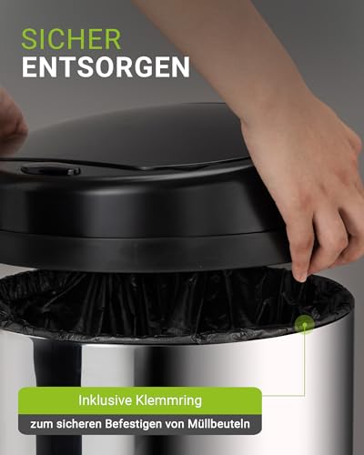 Juskys Mülleimer Küche mit Bewegungssensor Silber 50L - Runder Abfalleimer für Kontaktloses Entsorgen mit Klemmring für Müllbeutel - Rostfreier Stahl – Bild 6
