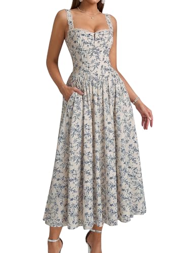 Image of KUTUMAI Women Summer Corset Midi Floral Wedding Guest Dresses with Pockets | Lace Neck, Smocked Back, Flowy A Line Sundress for 2026 Engagement Photoshoot Bridal Shower Garden Party