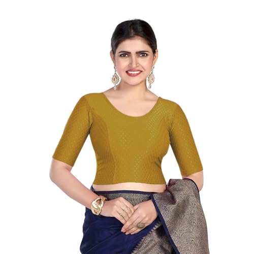 Image of FINESTFIT Round Neck Stretchable Elbow Sleeve Readymade Saree Blouse for Women, 100% Cotton Dobby Fabric