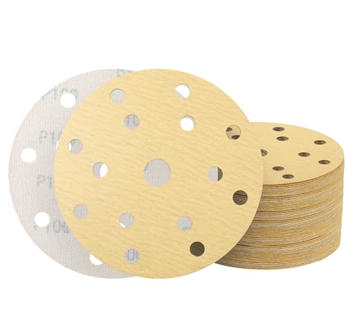 Image of 50PCS 150mm Sanding Discs 15 Hole Hook and Loop 100 Grit Golden Sandpaper for Random Orbital Sander