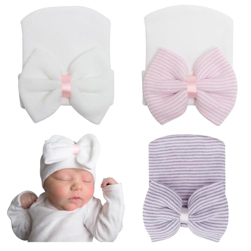 Image of AQOKKA Newborn Baby Girl Hats with Bow No Scratch Cotton Toddler Infant Beanie Caps Soft Newborn Hospital Hat 0-3 Months