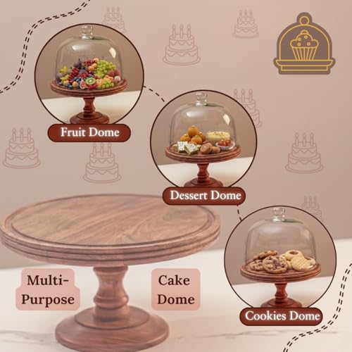 Image of Acacia Wood Cake Stand with Glass Dome | 11 x 15 Inch Brown Multipurpose Serving Platter Handcrafted for Cakes, Pastries & Cupcakes | Protective Glass Dome Keeps Food Safe from Insects & Flies | Decorative Stand & Cake Plate for Cake Cutting