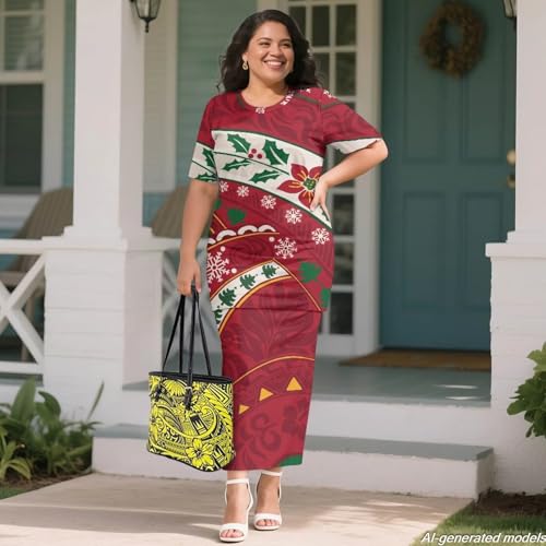 Image of Polynesian Dress for Women Short Sleeve High Waist Maxi Skirt | Puletasi dress, t-shirt and skirt two-piece, elastic material, lightweight, soft, plus size, luau party, wedding, clubwear