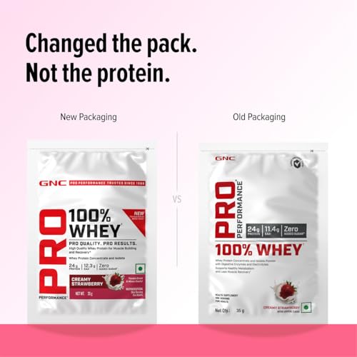 Image of GNC Pro Performance 100% Whey Protein | New Formulation | 24g Protein, 5.7g BCAAs, 12.3g EAAs | Added DigeZyme | Whey Isolate & Concentrate Blend, Low Carb (4.51g), No Added Sugar | Creamy Strawberry, 35g