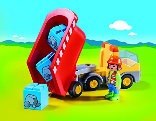 PLAYMOBIL 1.2.3 70126 Kipplaster, Steine Aufladen und Wieder abkippen mit kippbarem Container, ab 1,5 Jahren