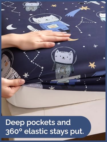 Image of Kids Twin Size Cat Bed Sheets - 3 Piece Kids Cat Sheet Set - Galaxy Astronaut Bedding - Ultra-Soft, Cute & Cozy - Breathable & Machine Washable - Wonderful Bed Set for Boys, Girls, Teens & Toddlers