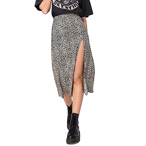 Womens High Waisted Leopard Print Split Midi Skirts Flowy A-line Long Maxi Skirt Brown