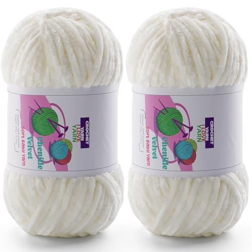 Image of Chenille Velvet Yarn for Crocheting, White Fuzzy Fluffy Yarn for Crochet | 2 Pack of 3.5 Oz /131.2 Yds Bulky Thick Chunky Yarn for Crocheting, Soft Amigurumi Yarn for knitting Baby Blankets, Scarves