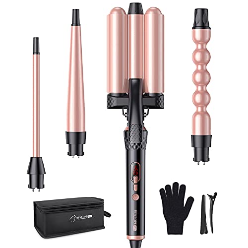 Curling Iron Set 4 in 1 Curling Wand with 1'' inch Hair Waver Hair Crimper & 3 Interchangeble Barrel 0.35''-0.75'', Instant Heat Up & 6 LED Temperature Control, Glove & 2 Hair Clips