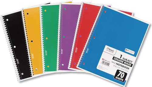 Mead Spiral Notebook, 1 Subject, College Ruled Paper, 7-1/2' x 10-1/2', 70 Sheets per Notebook...