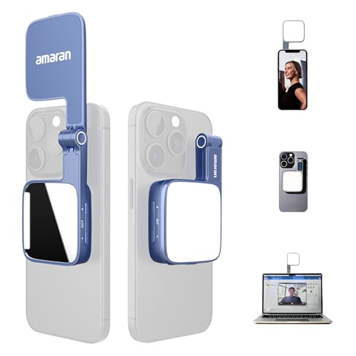Amaran Go Magnetic Selfie Phone Light, Compatible with MagSafe & Qi2 Magnets, Dual LED Light Source with Adjustable Mirror Light & CCT (2700K-6500K), for Selfies, Makeup, & Content Creation (Blue)