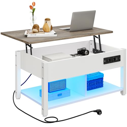 YITAHOME Couchtisch mit Anhebbarer Platte, Leicht Anzuheben, 2-Stufiger Stauraum, Höhenverstellbarer Couchtisch mit Verstecktem Staufach und LED Beleuchtung für Wohnzimmer, Büro, Weiß&Grau YITAHOME Couchtisch mit Anhebbarer Platte, Leicht Anzuheben, 2-Stufiger Stauraum, Höhenverstellbarer Couchtisch mit Verstecktem Staufach und LED Beleuchtung für Wohnzimmer, Büro, Weiß&Grau