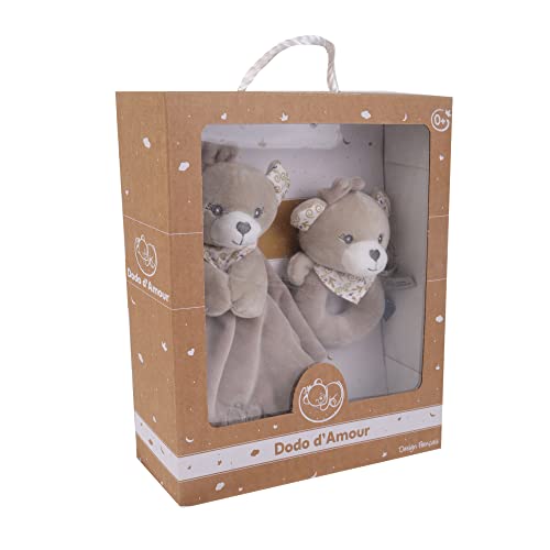 DODO D'AMOUR - Ours - Coffret Doudou - 037190 - Carré et Hochet - 29 cm - Beige - Naissance - Peluche Bébé - À Partir de 0 mois Cover