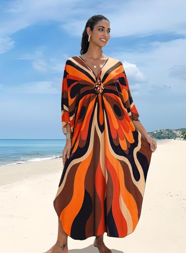 Image of Yanziliu Kaftan Dress for Women,Plus Size Hawaiian Batwing Sleeve Beach Cover Up Summer Swimsuit Dresses