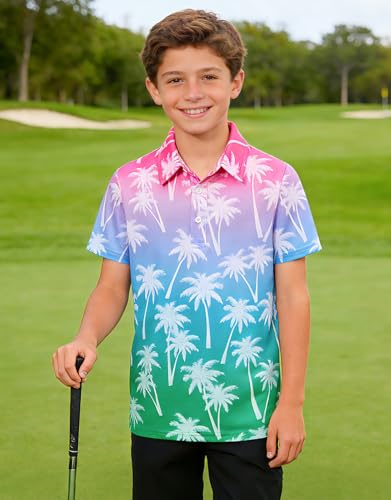 Cuddomper Boys Hawaiian Polo Golf Shirt Blue Pink Gradient Palm 9-10 Years - image 2
