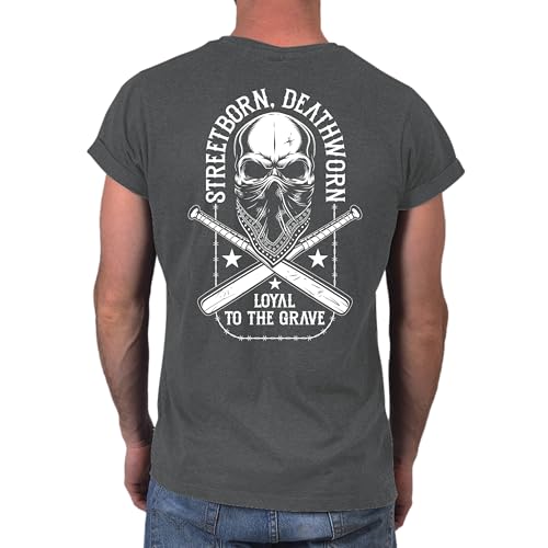 Image of Men’s Skull Graphic T-Shirt - Streetborn Deathworn Urban Streetwear Tee - Gothic Biker Loyalty Shirt - Punk Rock Graphic Tee for Men Charcoal Size L