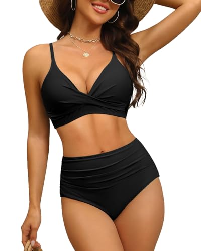 Women's High Waisted Bikini Set Push Up V Neck Ruched Bottom Stylish Two Piece Swimsuit Bathing Suit