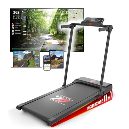 YM Elektrische loopband, inklapbaar, looptapijt MAXI 42 cm, Italiaans merk, 1-12 km/u, app Kinomap Zwift Bitgym, ruimtebesparend, 12 programma's, Next 1000 New 2025, Your Move, Italiaanse