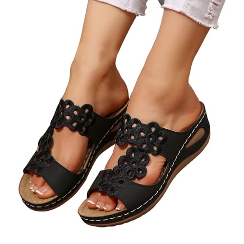 ZSpzx Wedge Sandals For Women 2025, Flower Embroidery Orthopedic Arch Support Summer Outdoor Walking Footwear Party Dance Ladies Dress Women Wedge Slip-On Vacation Slippers Comfortable 6